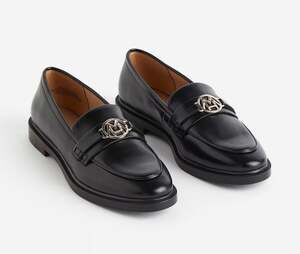 H&M Black Loafers Gold Monogram Hardware Slip On Shoes Women's EUR 36 US 5